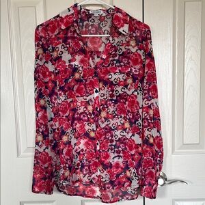 Express Floral Sheer Button Up Blouse